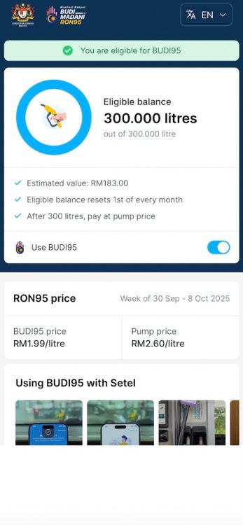 BUDI95 - isi RON95 guna Setel di Petronas