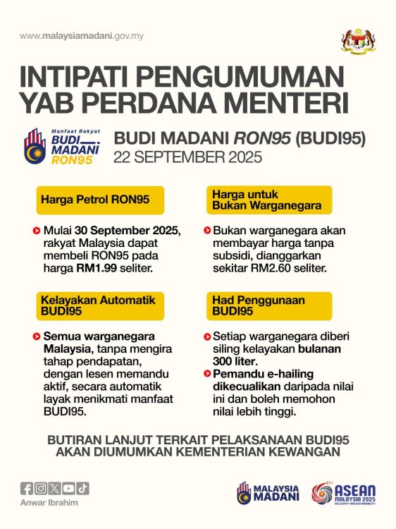 Perdana Menteri DS Anwar Ibrahim, turunkan harga RON95 1.99 seliter mula 30 September ini.