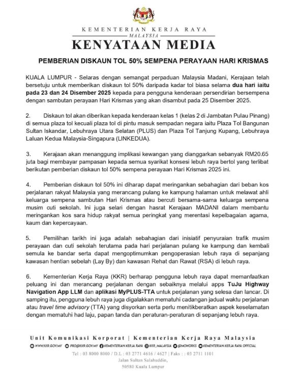 Kenyataan media KKR diskaun tol 50% Krismas 2025