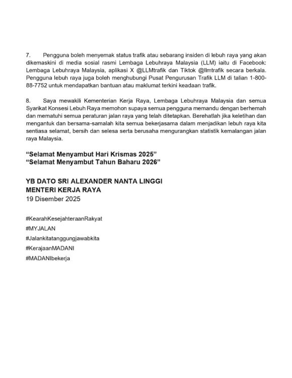 Kenyataan media KKR diskaun tol 50% Krismas 2025