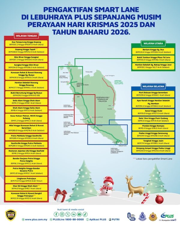 Laluan Smart LANE akan diaktifkan sepanjang Krismas dan Cuti Tahun Baharu 2026