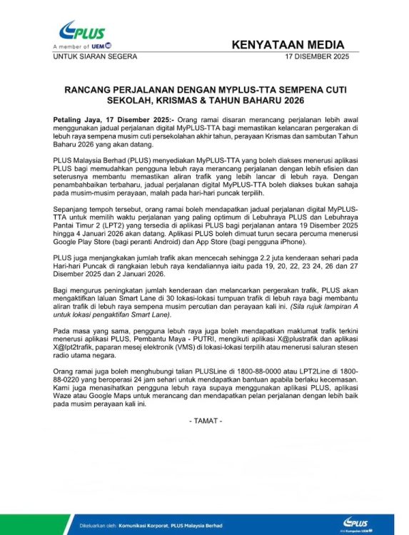 Kenyataan media PLUS Malaysia trafik menjelang cuti akhir tahun 2025