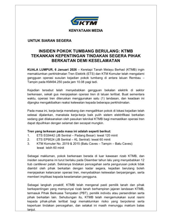 Pokok tumbang jejas kelancaran tren KTMB
