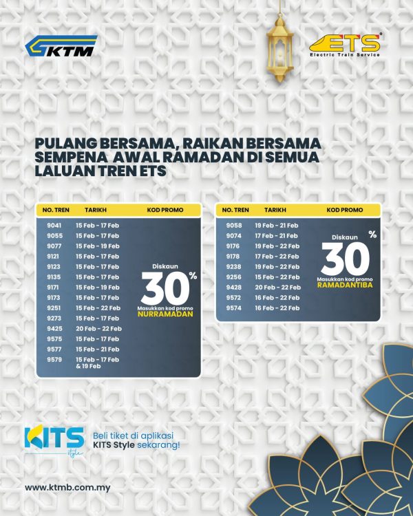 Diskaun 30 peratus naik ETS awal Ramadan