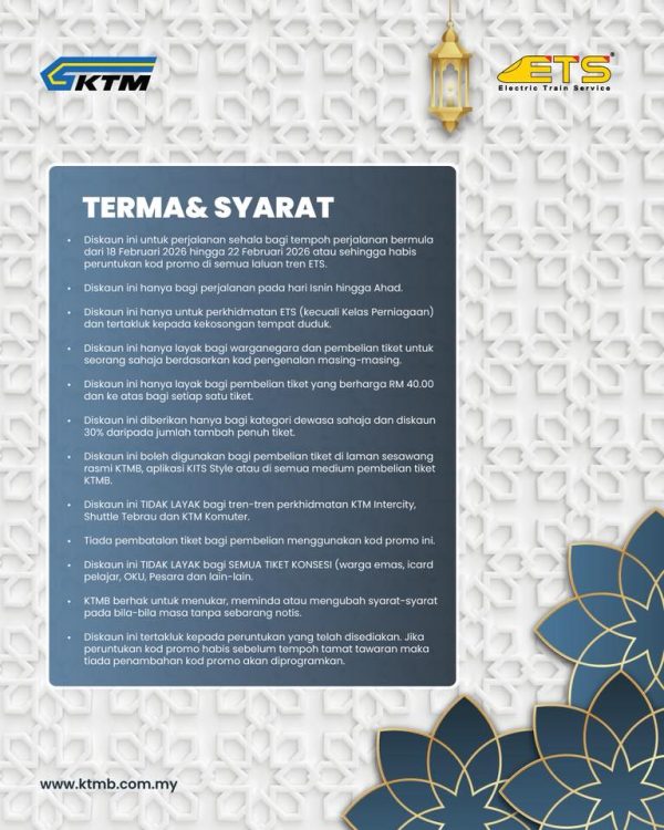 Diskaun 30 peratus naik ETS awal Ramadan