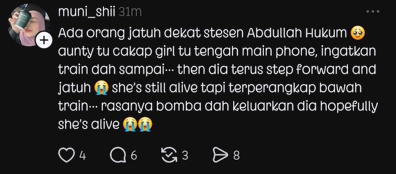 Wanita jatuh platform stesen LRT Abdullah Hukum