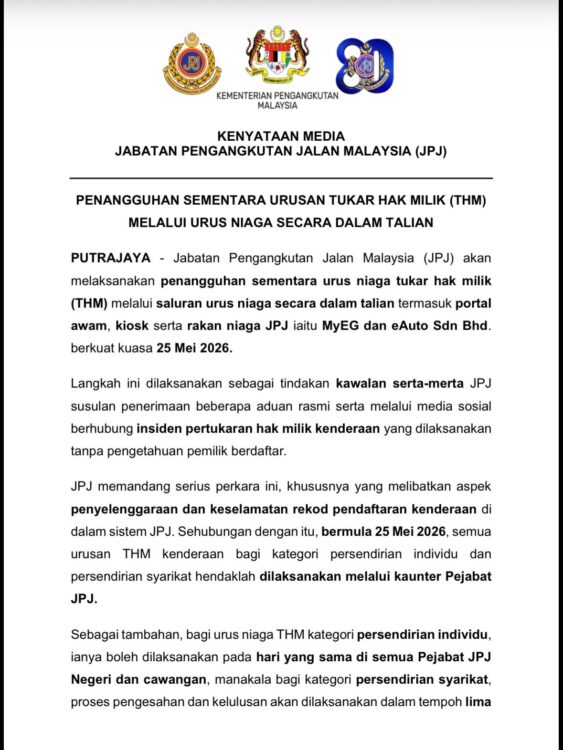 JPJ gantung sistem online disebabkan sistem tukar hak milik tanpa izin pemilik asal