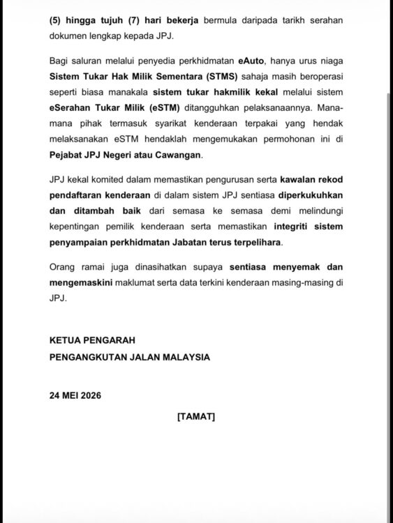 JPJ gantung sistem online disebabkan sistem tukar hak milik tanpa izin pemilik asal